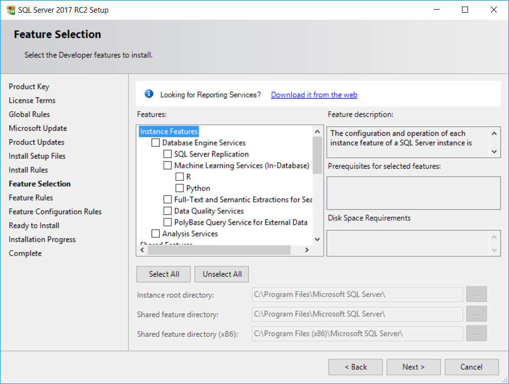 SQL Server 2017 feature selection for setup
