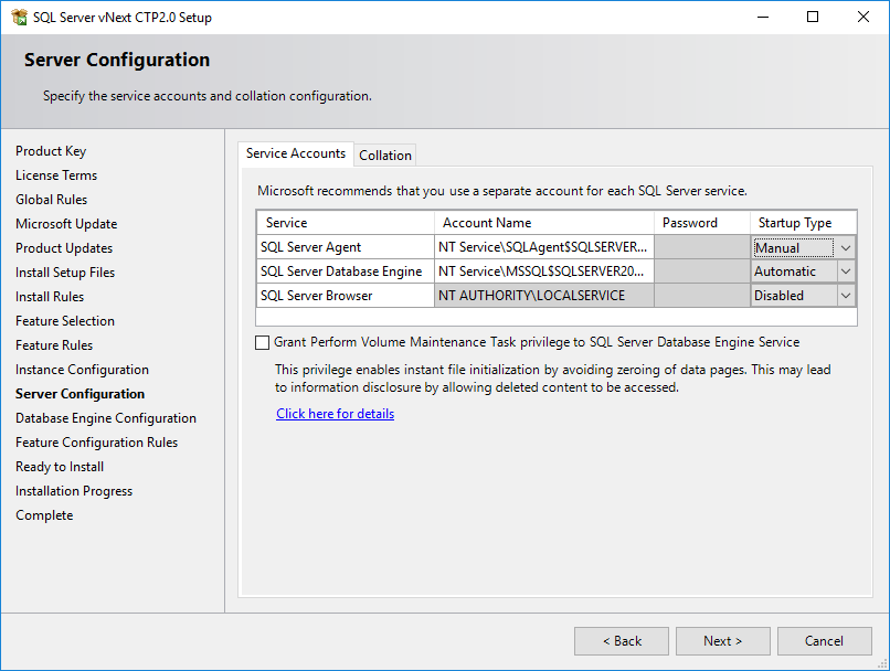 SQL Server service accounts configuration