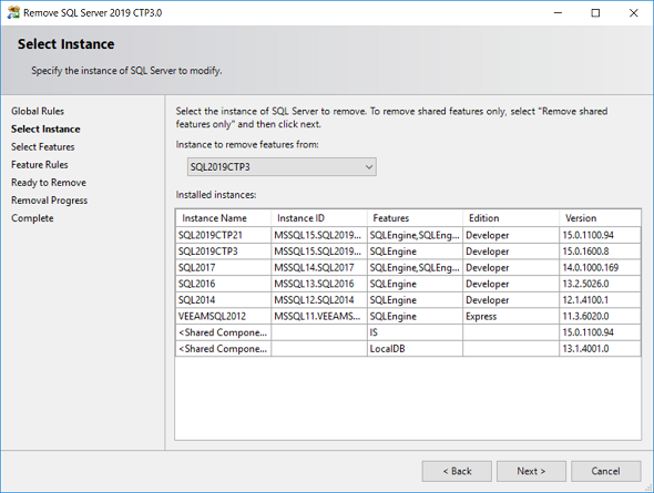 choose SQL Server 2019 instance to uninstall