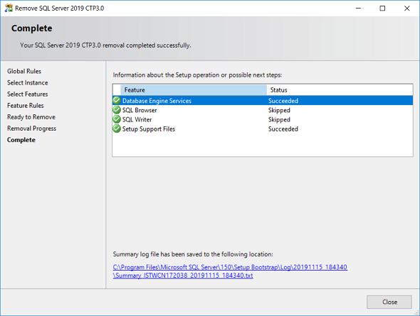 SQL Server 2019 CTP3.0 removal completed