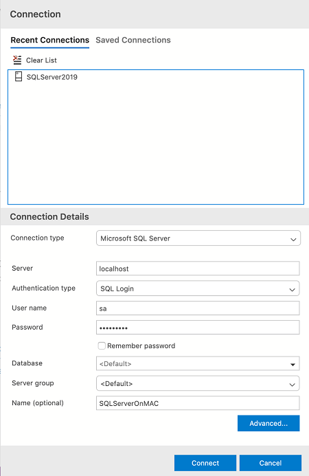 visual studio for mac connect to sql server