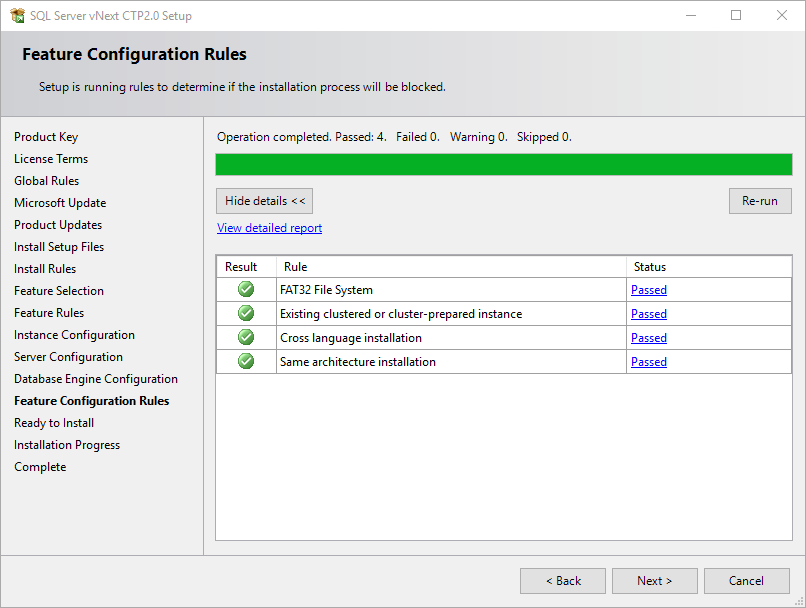 selected SQL Server features installation rules check