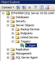 SQL Server logon trigger in server objects triggers node
