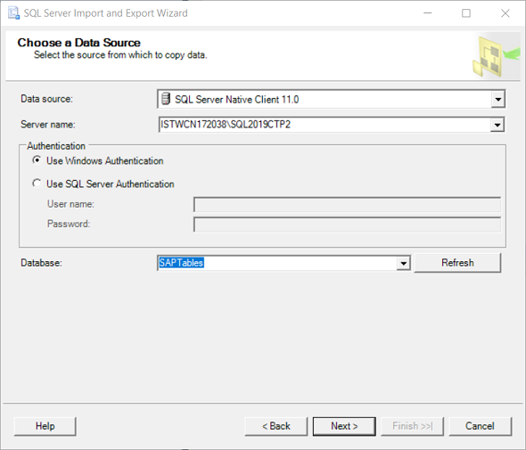 choose data source for SQL Server Data Export task