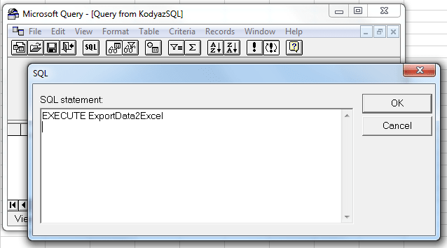 execute SQL statement on Microsoft Query