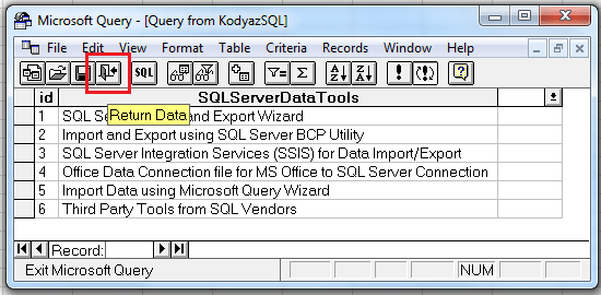 sql query for excel