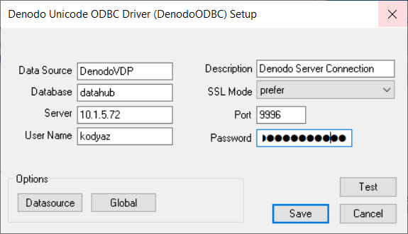 Denodo ODBC connection details on SQL Server instance