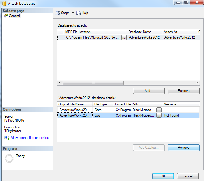 attach SQL Server database data file without log file