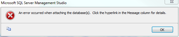 An error occurred when attaching the database
