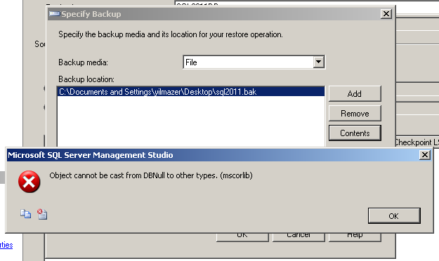 Specified cast is not valid. (SqlManagerUI)