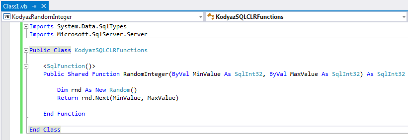 VB.NET codes for SQL CLR function for random integer generator