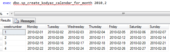 create calendar using SQL Server stored procedure