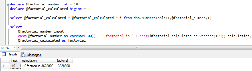 calculate factorial in SQL