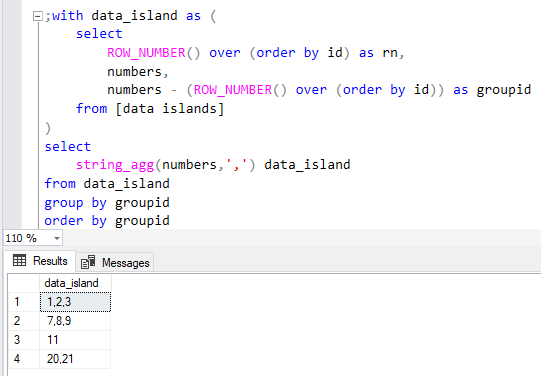 concatenate data island values using SQL string aggregation function