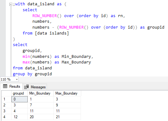 SQL database query to calculate data island boundary values