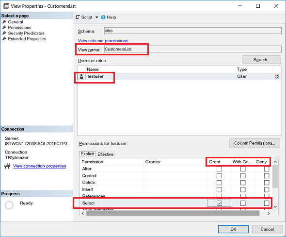 grant select permission on SQL view for database user