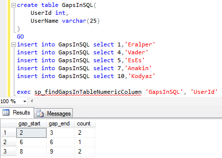 find numeric gaps using SQL in SQL Server database table