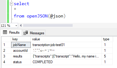 execute SQL OpenJSON query on Amazon Transcribe service response