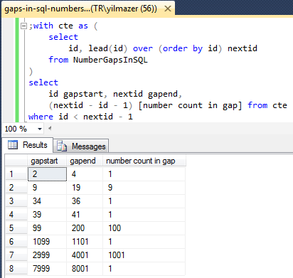 SQL Lead function to find gaps in a number sequence