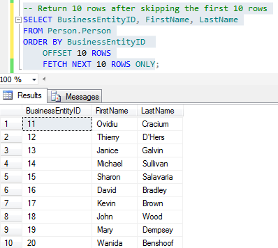 SQL paging Order By Offset Fetch Next
