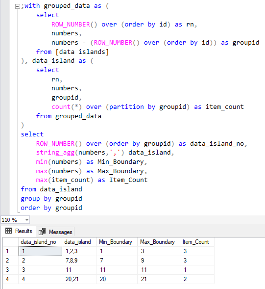 SQL Server database SQL query for data islands and gaps with boundart values