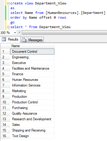 sort SQL Server View with Order By Offset 0 Rows