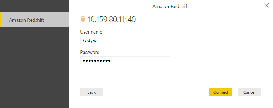 Redshift database user credentials for connection from Power BI report