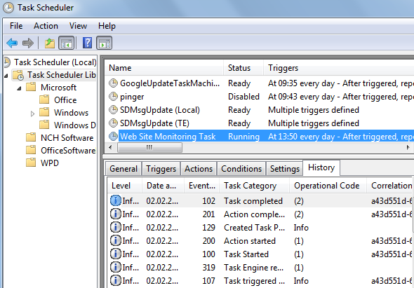 website monitor tool execution history in Task Scheduler tool