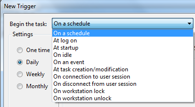 task trigger options on Task Scheduler tool