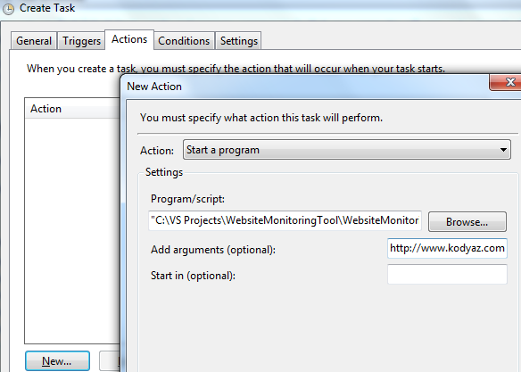 task scheduler step to start website monitoring tool