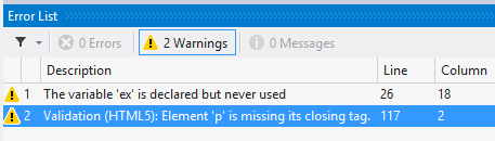 HTML validation error in Visual Studio 2012 error list window