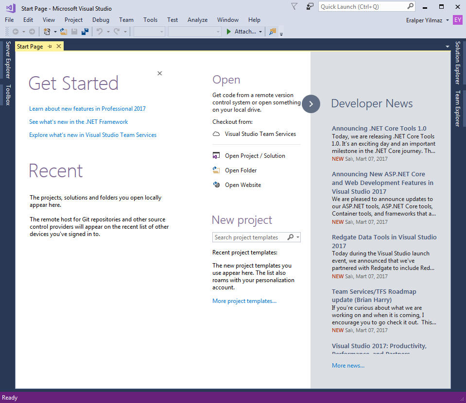 Visual Studio 2017 start page