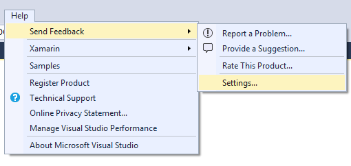 help menu for Visual Studio 2017 Experience Improvement Program settings