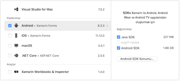 Android components for Visual Studio for Mac setup