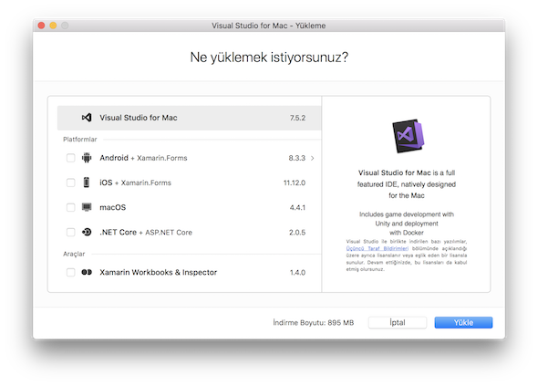 components to install from Visual Studio for Mac