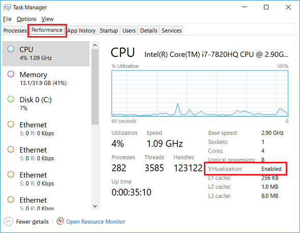 check if virtualization is enabled using Windows Task Manager