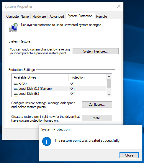 create System Restore point on Windows 10