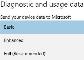 send diagnostics and usage data to Microsoft from Windows 10