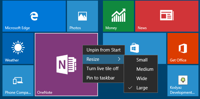 Start Screen Settings on Windows 10