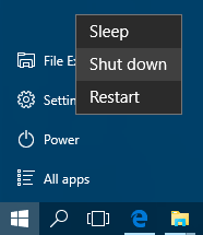 shut down Windows 10 from Start menu