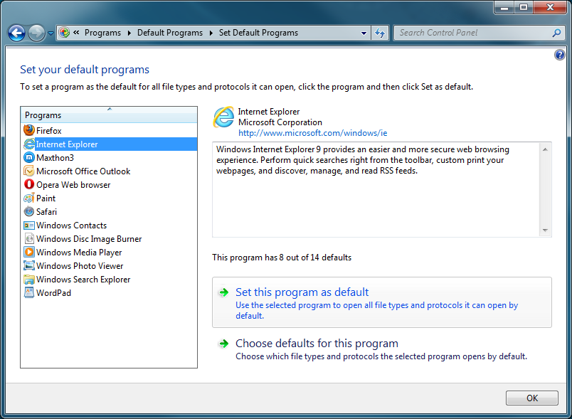 How to change default browser in Windows 7 in one step