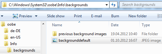 Windows 7 OOBE Info Backgrounds folder backgrounddefault.jpg for Windows logon screen customization