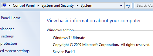 Windows 7 Control Panel system information for Win7 version and service pack