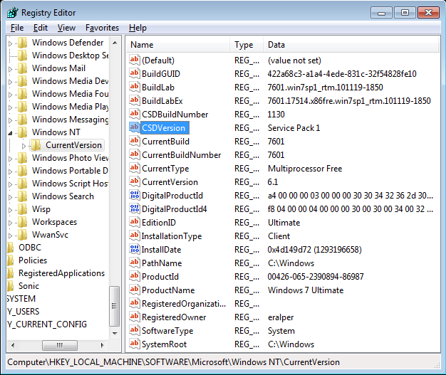 Windows 7 current version build number and service pack number