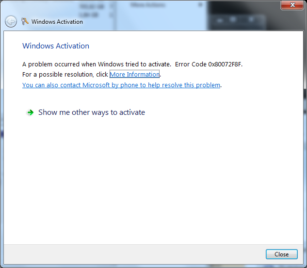 Windows 7 Windows activation error code 0x80072f8f