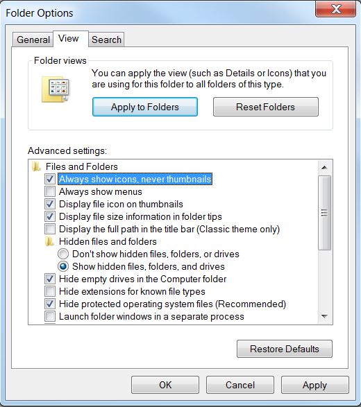 configure Windows Explorer Folder Options to prevent thumbnail caching