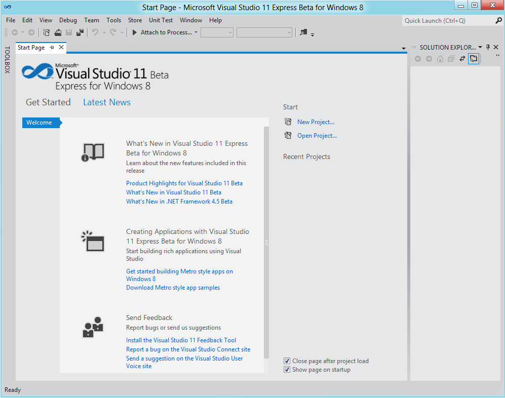 Microsoft Visual Studio 11 Express Start Page