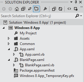 solution explorer view for a new project for Windows Metro style template