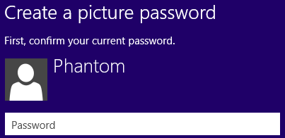 confirm your current password to create picture password for Windows 8 account