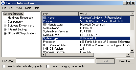 check Windows version using msinfo32 on Windows XP